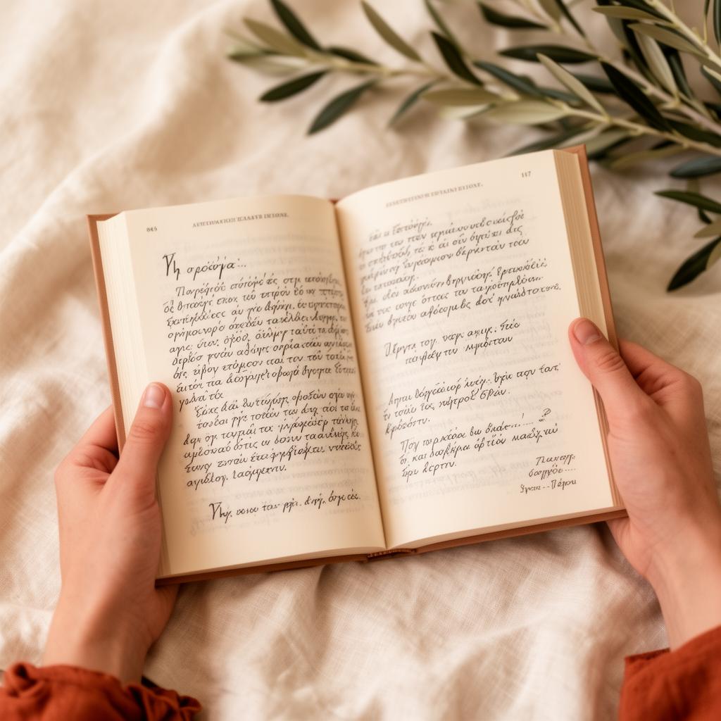 Handwritten Greek text and an olive branch, symbolising in-person Greek lessons in Rome